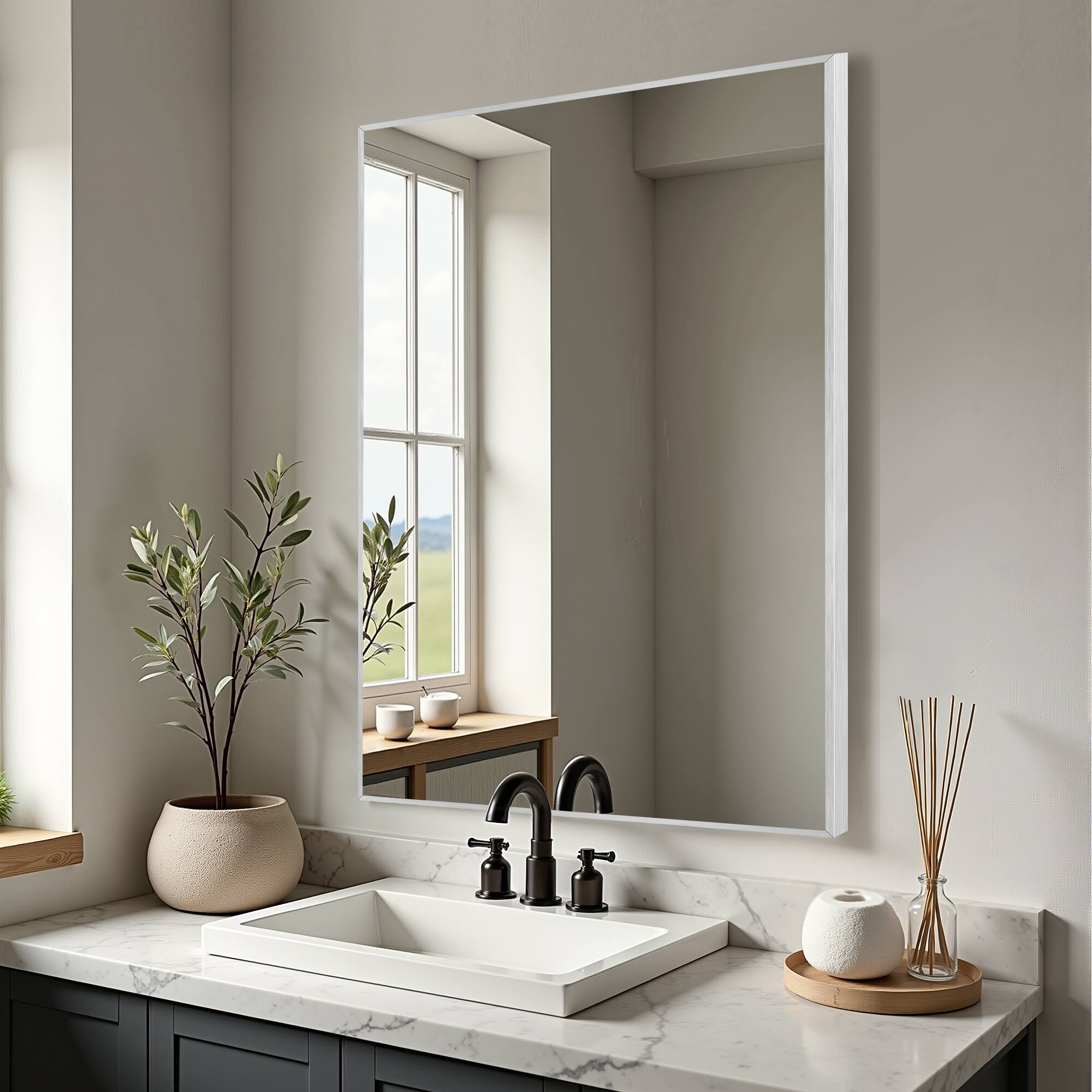 Alt View 2. PexFix - Modern Metal Frame Bathroom Mirror, 26x38 in. Rectangle, Wall-Mounted for Vanity & Powder Room - Silver.