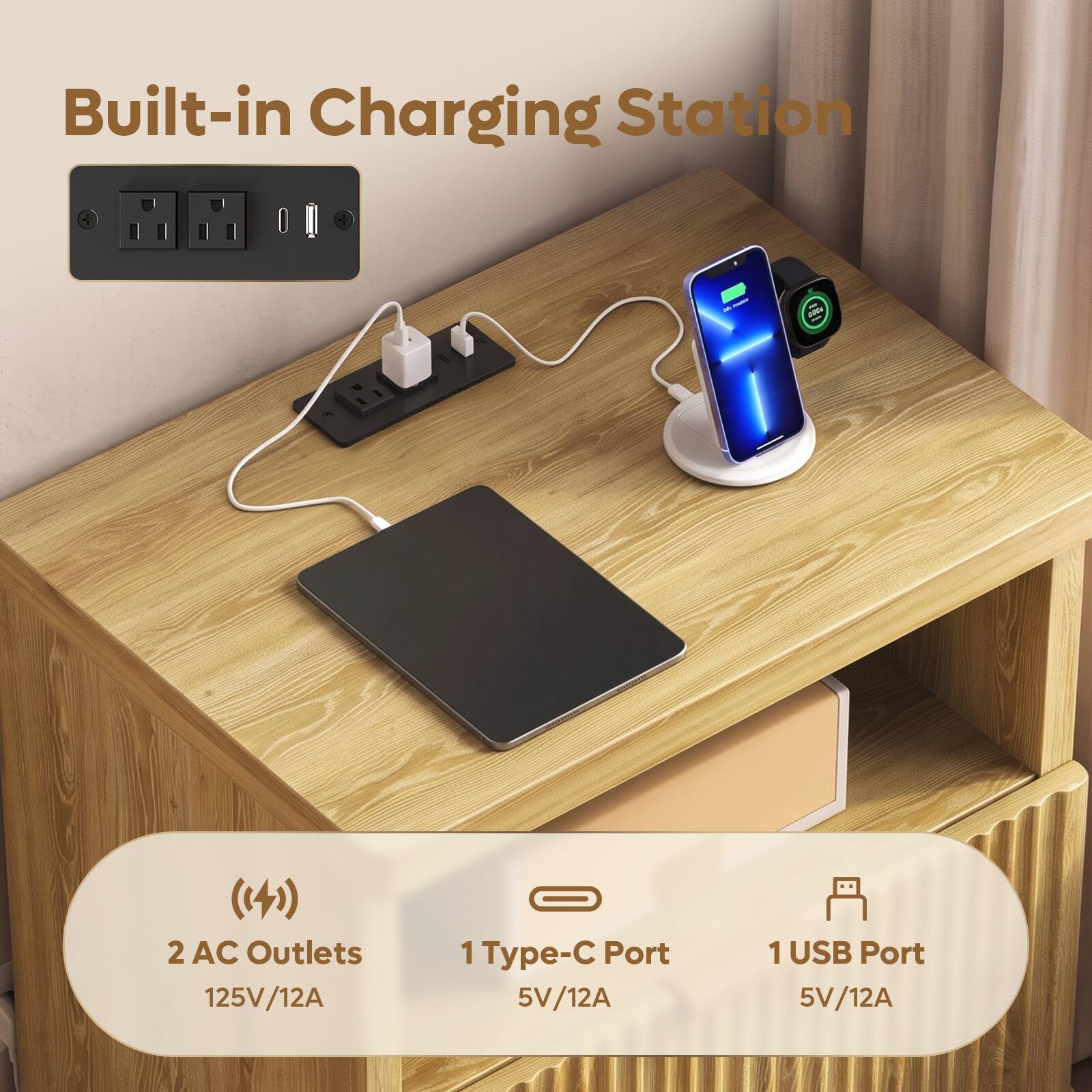 Built-in Charging Station

2024

2 AC Outlets 125V/12A

1 Type-C Port 5V/12A

1 USB Port 5V/12A