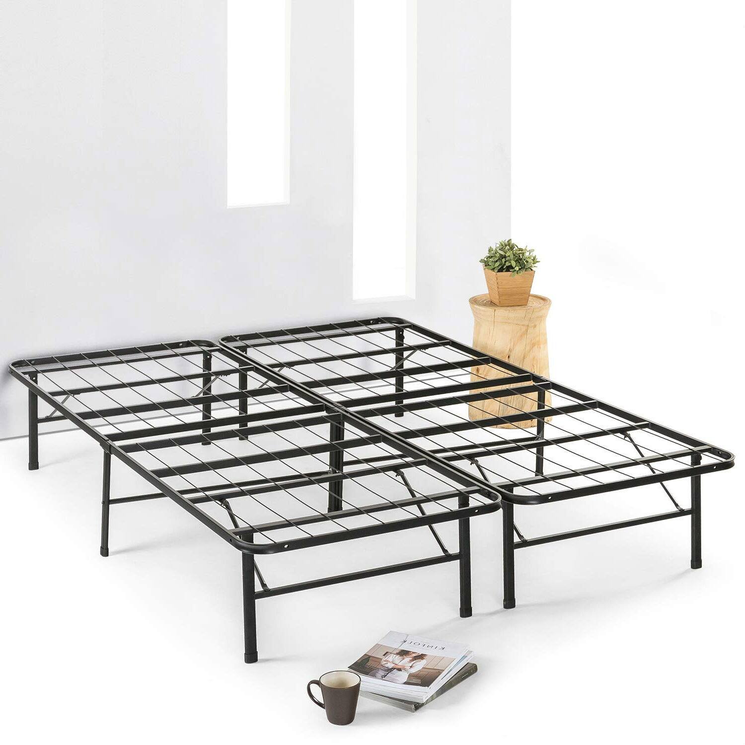 Angle. Hivvago - King size Folding Sturdy Metal Platform Bed Frame with Storage Space - Black.