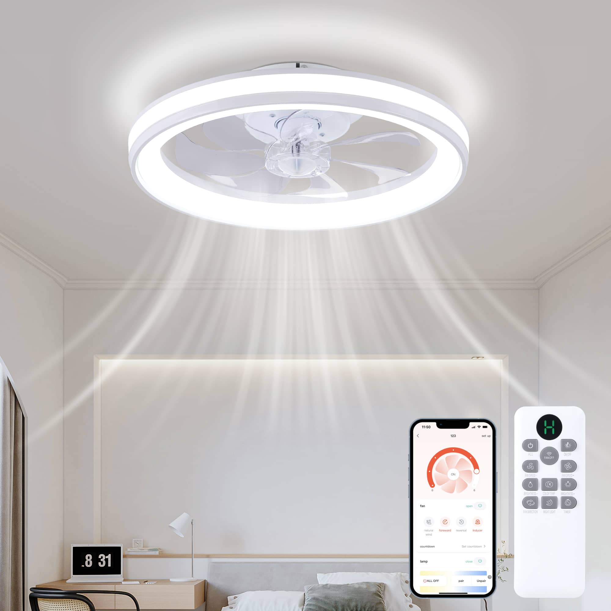 Domanki - 20'' Ceiling Fans with Lights, Dimmable LED Lights, 6-Speeds Ceiling Fans with Lights and Remote for Bedroom,Living Room - White+white blade
