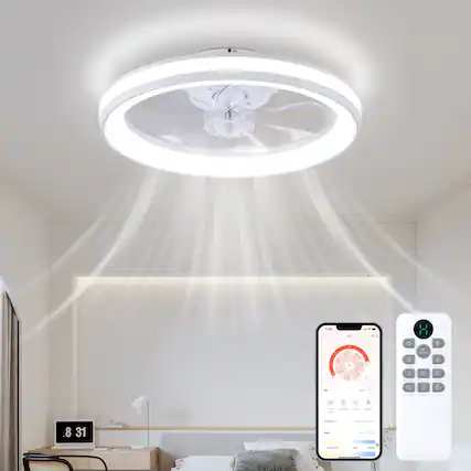 Front. Domanki - 20'' Ceiling Fans with Lights, Dimmable LED Lights, 6-Speeds Ceiling Fans with Lights and Remote for Bedroom,Living Room - White+white blade.
