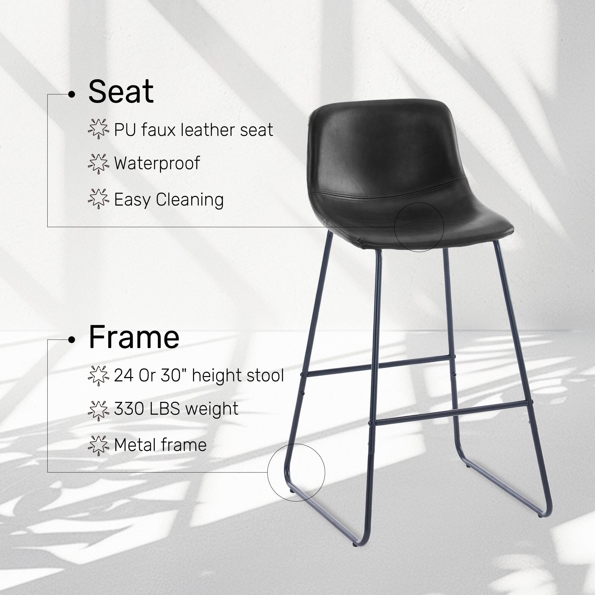 Seat: PU faux leather seat, Waterproof, Easy Cleaning

Frame: 24 Or 30" height stool, 330 LBS weight, Metal frame