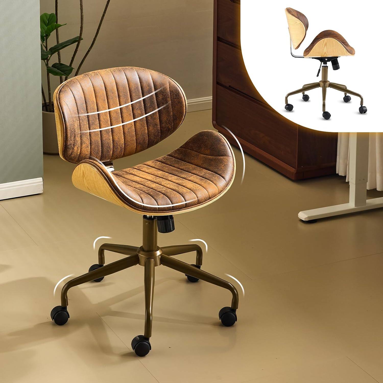 Winado - Comfotable Swivel Rolling Desk Chair with Wood-Grain Curved Shell,Ergomomic Mid-Back Padded Armless for Home Office - Rustic-microfiber