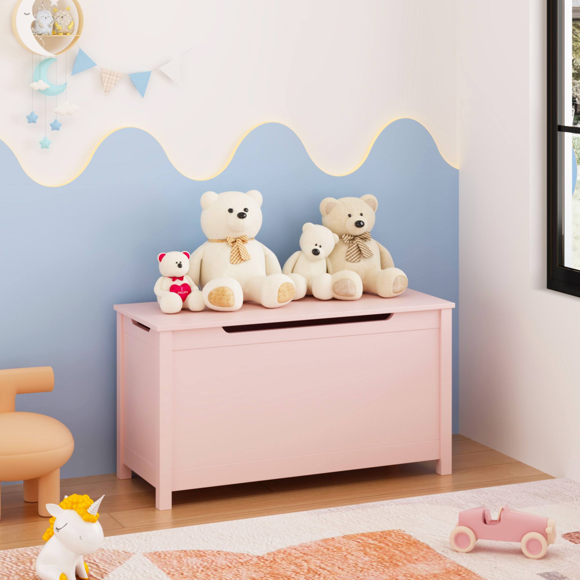 Angle. Z-Edge - Kids Storage Bench, Wooden Toy Box Chest, Large Storage Cabinet with Safety Hinge for Playroom, Living Room or Entryway - Pink.