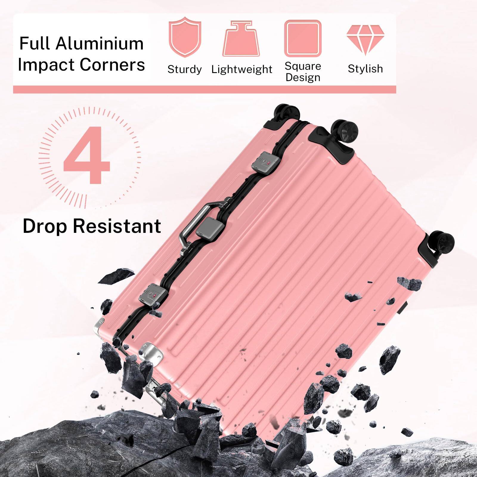 Full Aluminium Impact Corners  
Sturdy Lightweight Square Design Stylish  
4 Drop Resistant
