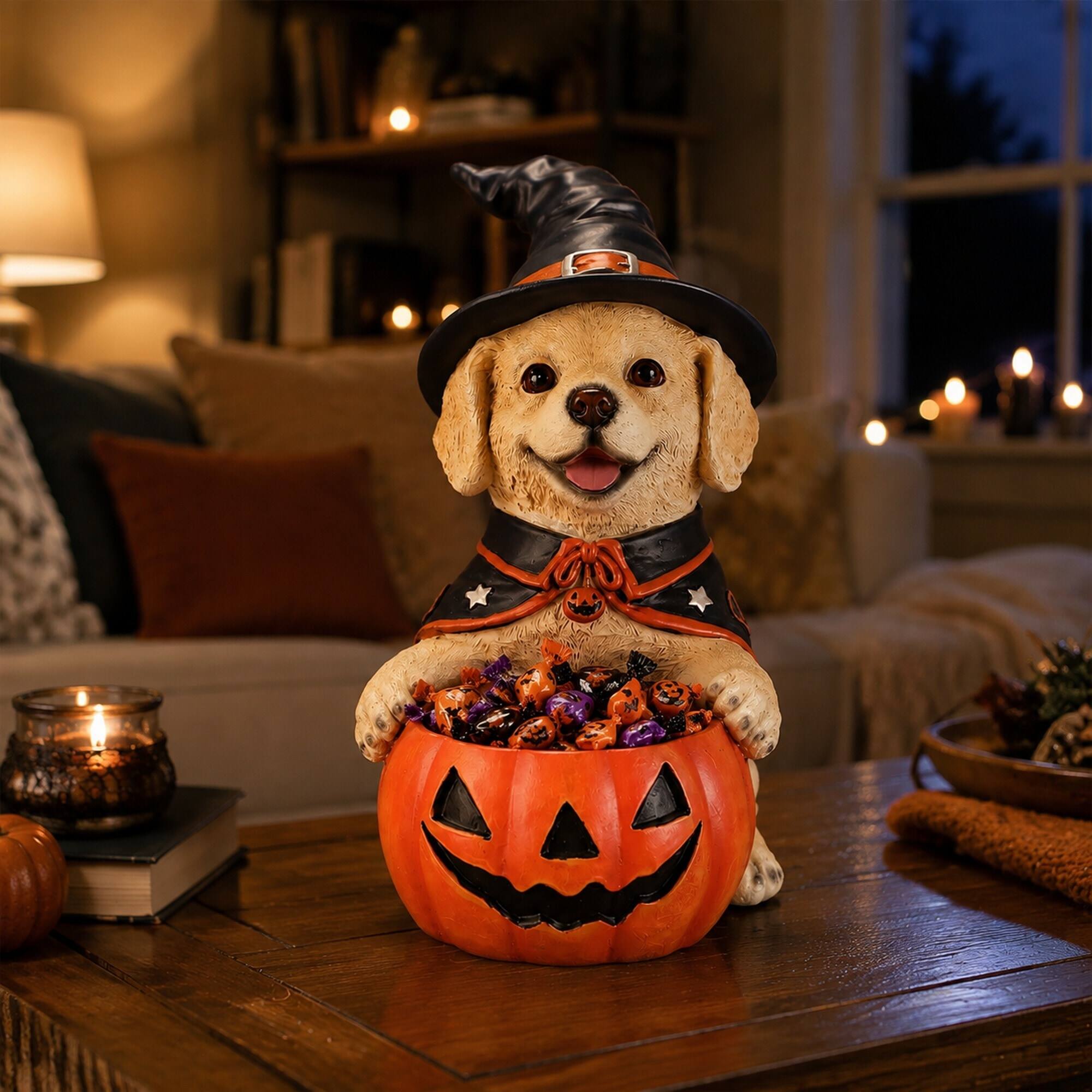 Left. RYHNUYNE - Halloween Labrador Retriever Witch Puppy Figurine with Pumpkin Candy Bowl, Hand-Painted Resin Dog Decor - Beige.