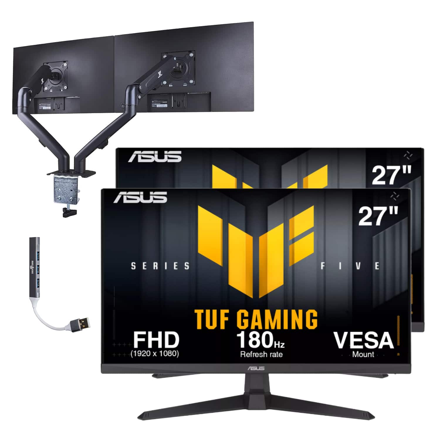 ASUS - TUF Gaming 27" FHD IPS Monitor, Anti-Glare, HDMI, Color (VG279Q3A) 2Pack w/DKZ Hub & ErgoFlexy Dual Mount Arm - Black