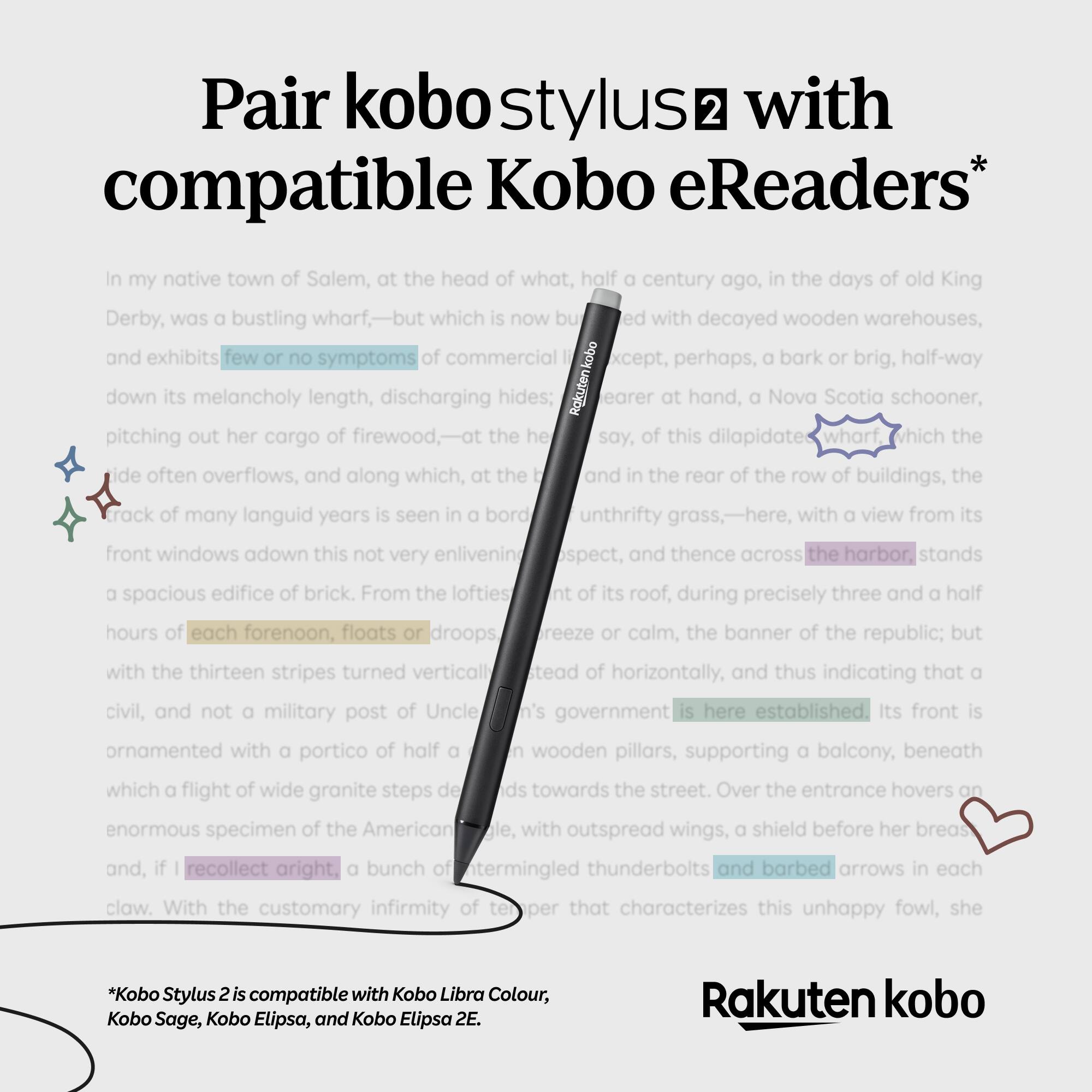 Pair kobo stylus 2 with compatible Kobo eReaders*

In my native town of Salem, at the head of what, half a century ago, in the days of old King Derby, was a bustling wharf,--but which is now but a ruin, and exhibits few or no symptoms of commercial life, except, perhaps, a bark or brig, half-way down its melancholy length, discharging hides; a Nova Scotia schooner, pitching out her cargo of firewood,--at the head of the wharf, which the rear of the row of buildings, the unthrifty grass,--here, with a view from its front windows adown this not very enlivening prospect, and thence across the harbor, stands a spacious edifice of brick. From the loftiest point of its roof, during precisely three and a half hours of each forenoon, floats or droops the banner of the republic; but with the thirteen stripes turned vertically instead of horizontally, and thus indicating that a civil, and not a military post of Uncle Sam's government is here established. Its front is ornamented with a portico of half a dozen wooden pillars, supporting a balcony, beneath which a flight of wide granite steps descend to the street
