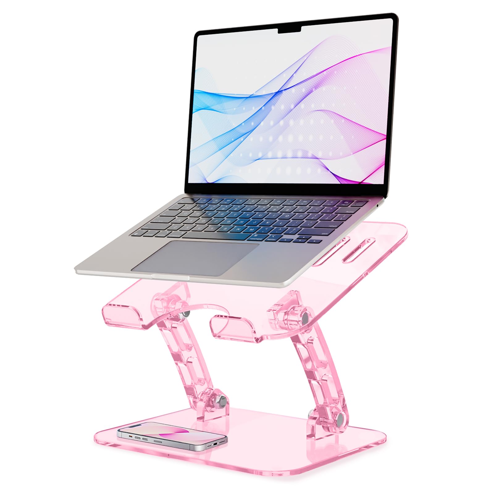 HongFei - Acrylic Adjustable Laptop Stand, Adjustable Height Foldable Laptop Riser for Desk, Clear Portable Holder - Pink