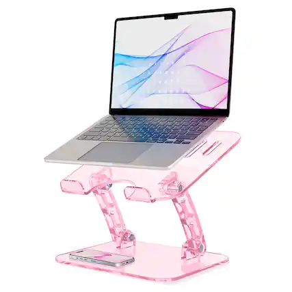 Front. HongFei - Pink Acrylic Adjustable Laptop Stand, Adjustable Height Foldable Laptop Riser for Desk, Clear Portable Holder - pink.