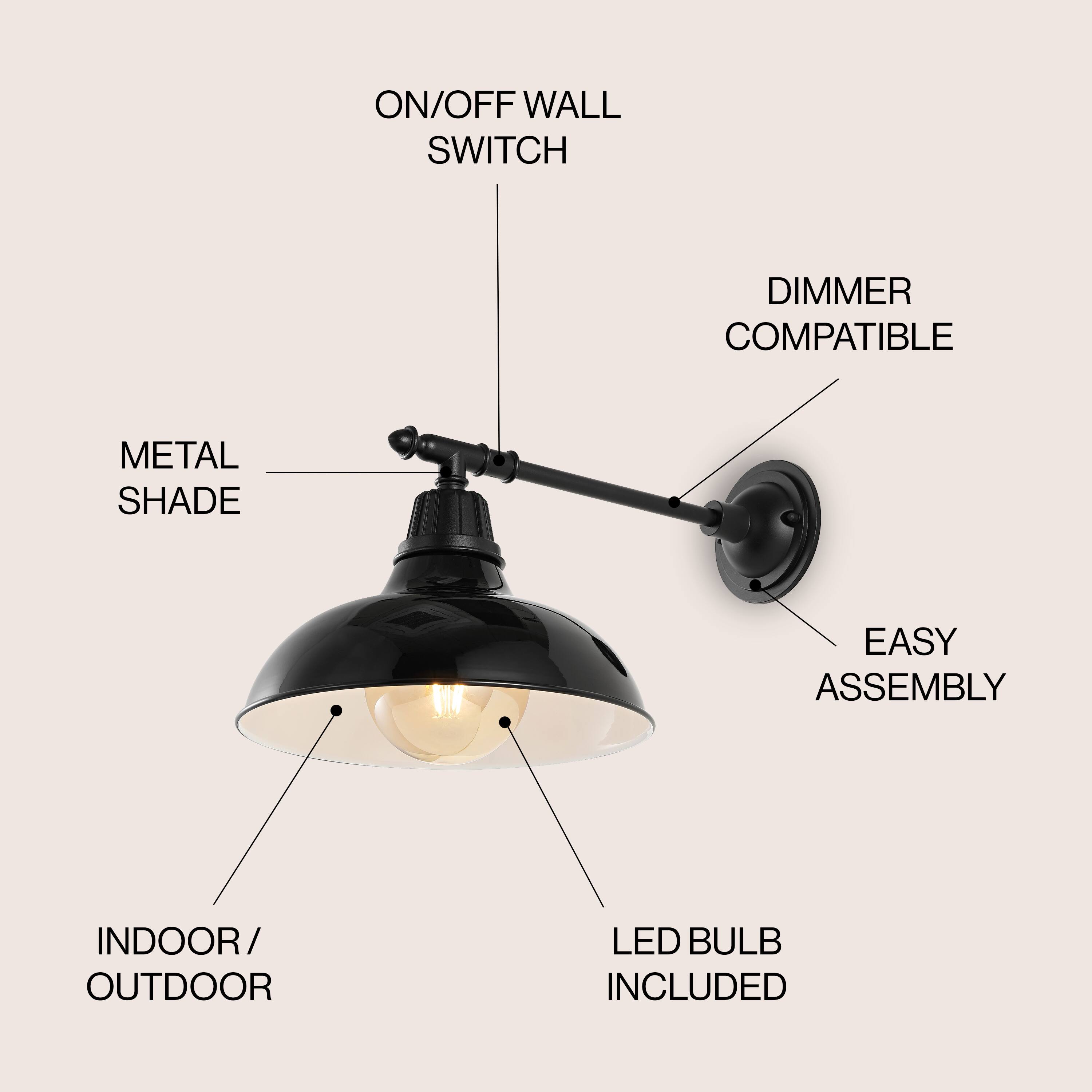 ON/OFF WALL SWITCH  
DIMMER COMPATIBLE  
METAL SHADE  
EASY ASSEMBLY  
INDOOR/OUTDOOR  
LED BULB INCLUDED