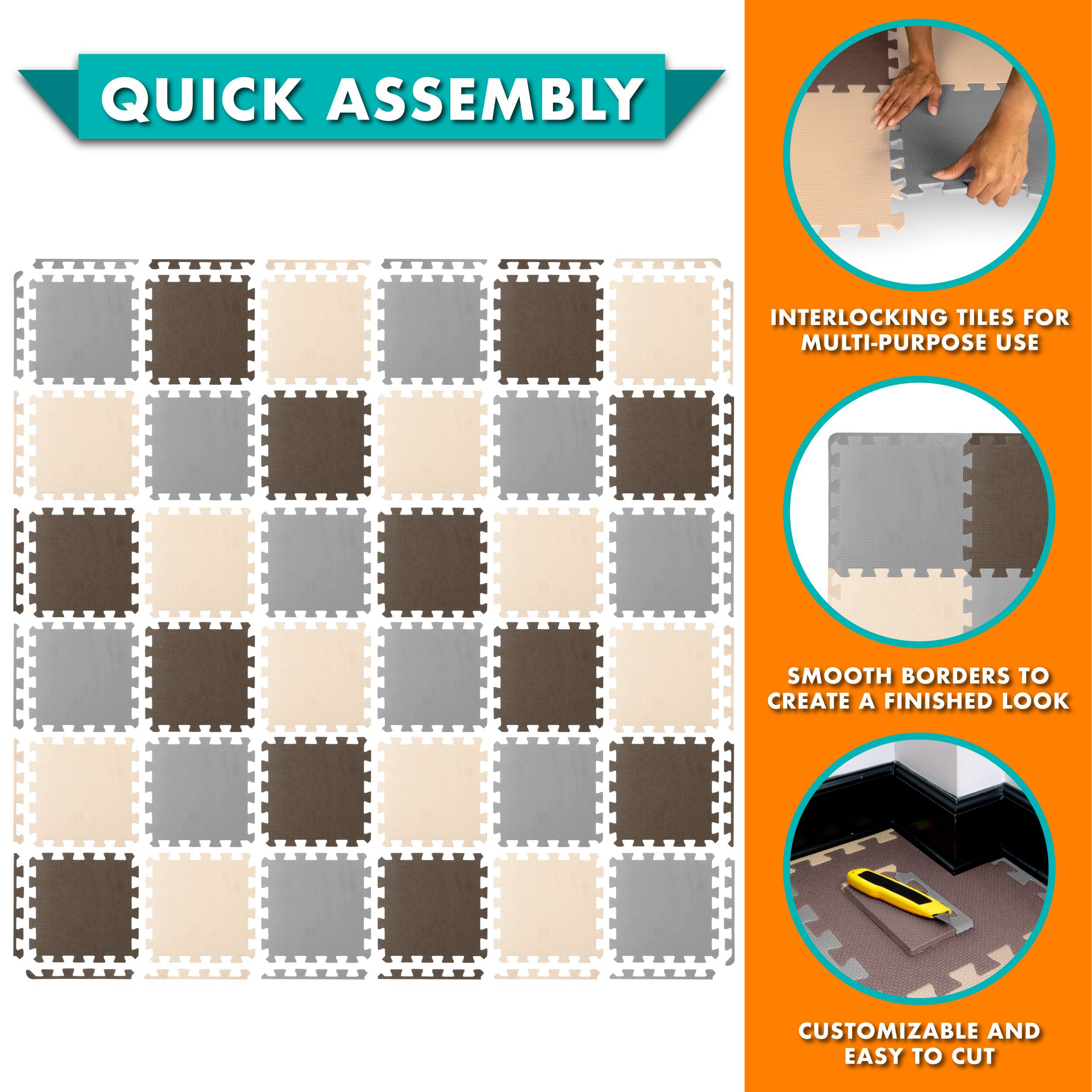 Quick Assembly Interlocking Tiles for Multi-Purpose Use. Smooth Borders to Create a Finished Look. Customizable and Easy to Cut.