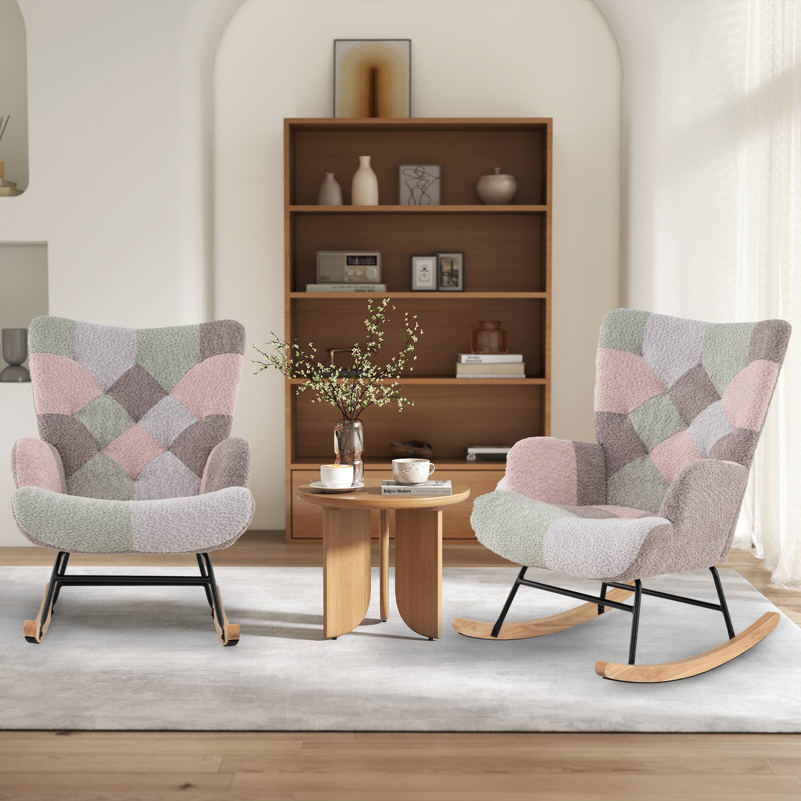 Alt View 7. Gymax - Gymax Nursery Rocking Chair Upholstered Boucle Fabric Nursing Armchair w/ Ergonomic Armrests - Multicolor.