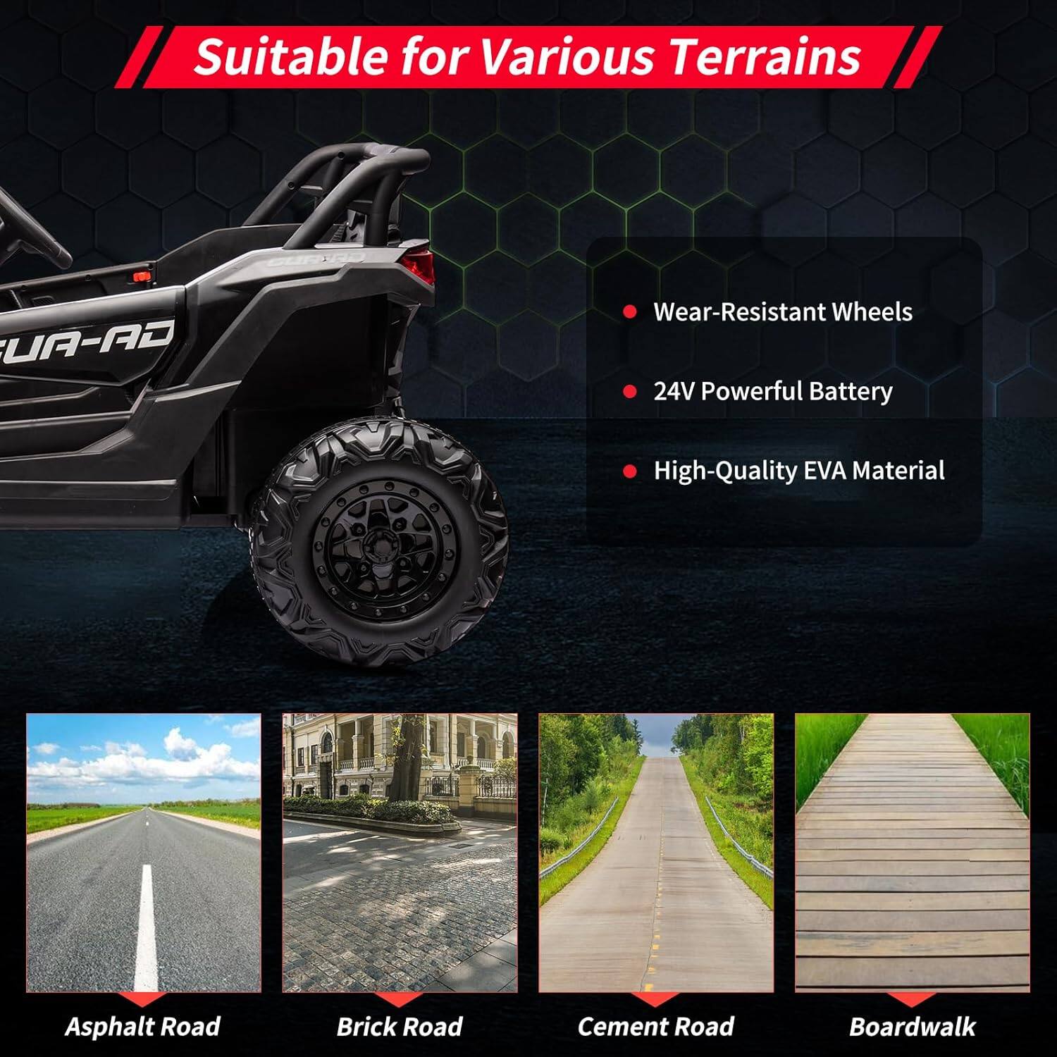 Suitable for Various Terrains

- Wear-Resistant Wheels
- 24V Powerful Battery
- High-Quality EVA Material

Asphalt Road  
Brick Road  
Cement Road  
Boardwalk