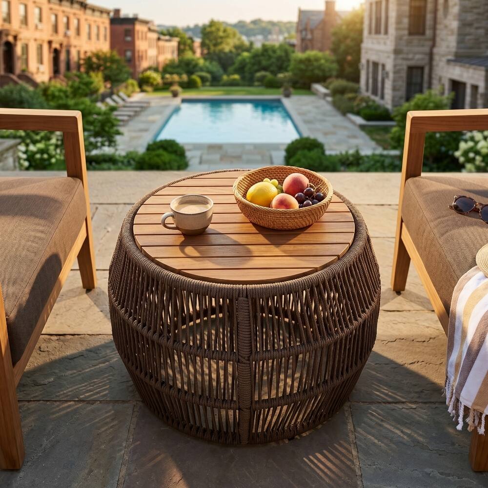 Left. Loheer - Loheer Acacia Wood Side Table Round Outdoor Table Grey Rope - Grey.