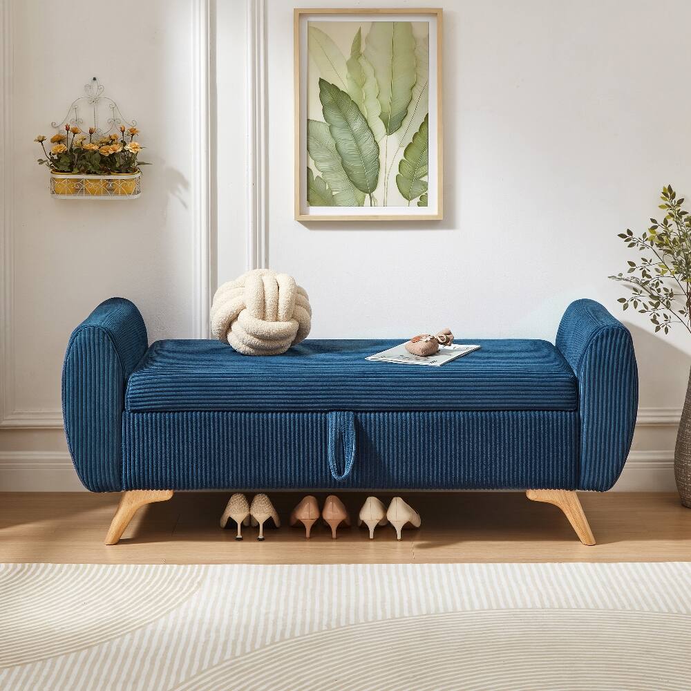Back. Ropilly - Ropilly 57" Blue Corduroy Storage Bench, Modern Upholstered Bed Bench with Wood Legs for Bedroom & Entryway - Blue.