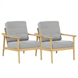 Gymax - 2 PCS Modern Accent Chair Upholstered Leisure Armchair w/ Rubber Wood Armrests & Legs Grey & Natural - Grey, Natural
