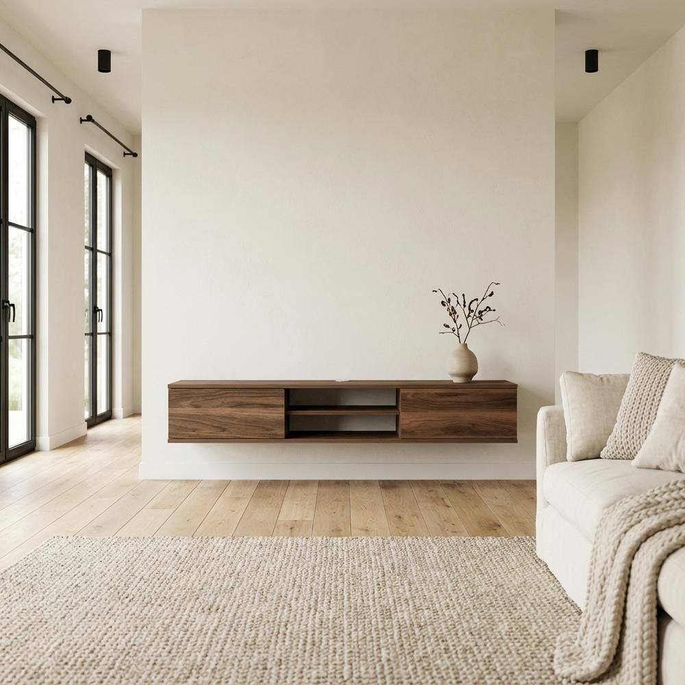 Alt View 2. FurniFact - Brown Floating TV Stand with Wall Mount and Modern Storage Design - Brown.