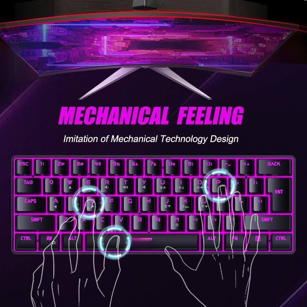 MECHANICAL FEELING  
Imitation of Mechanical Technology Design  

ESC 1! 2@ 3# 4$ 5% 6^ 7& 8* 9( 0) - BACK  
TAB Q W E R T Y U I O P [ ] \  
CAPS A S D F G H J K L ; ' ENTER  
SHIFT Z X C V B N M , . /  
CTRL ALT FN SHIFT CTRL