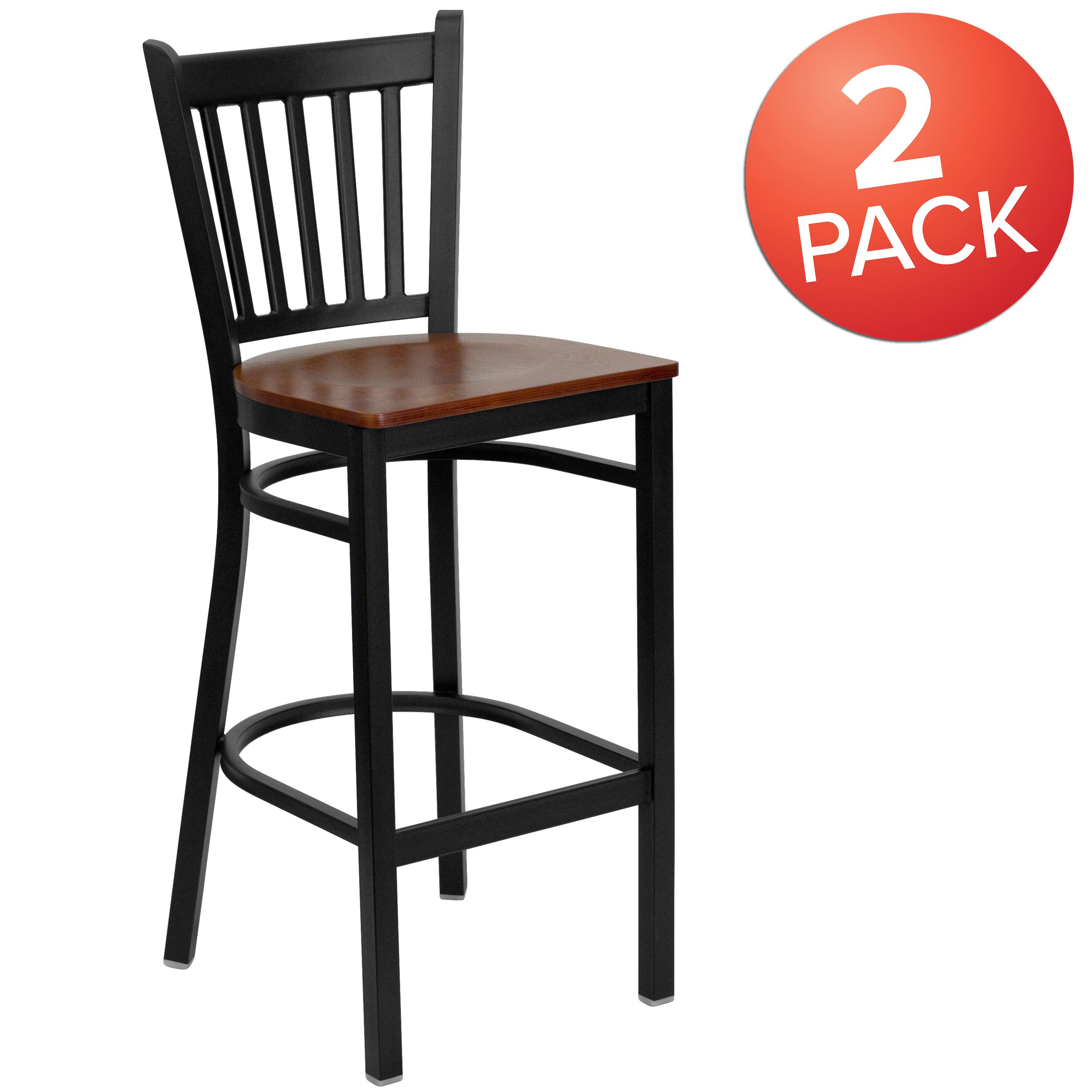 Alt View 1. Emma + Oliver - 2 Pack Vertical Back Metal Restaurant Barstool - Cherry Wood Seat/Black Metal Frame.