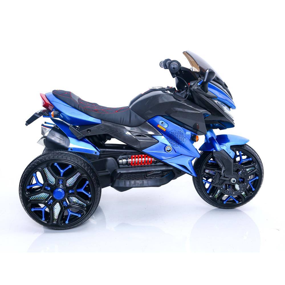 Back. BreeBe - 12V Kids 3-Wheel Ride On Motorcycle, Battery Powered Motorbike w/ PU Seat, Training Wheels, Manual Throttle, Lights - Blue.