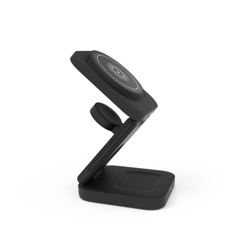 Angle. RISOKEYS - MagSafe 3-in-1 Magnetic Wireless Charger - Foldable Power Adapter for Phone, Watch, and Earphone, 15W Charging Stand - Black.