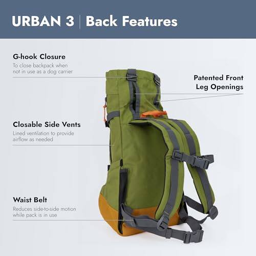 **URBAN 3 Back Features**

- **G-hook Closure**: To close backpack when not in use as a dog carrier.
- **Patented Front Leg Openings**
- **Closable Side Vents**: Lined ventilation to provide airflow as needed.
- **Waist Belt**: Reduces side-to-side motion while pack is in use.