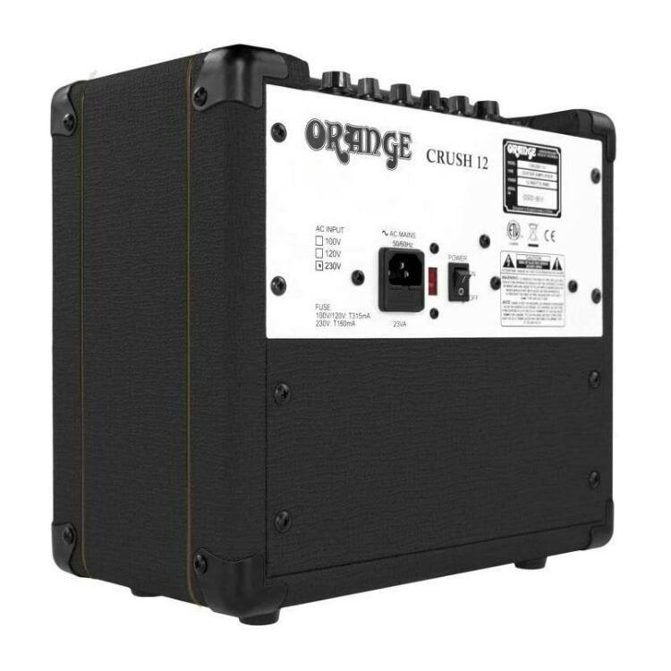 ORANGE CRUSH 12

AC INPUT
- 100V
- 120V
- 230V

AC MAINS
- 50/60Hz

POWER
- 100V: 120W
- 120V: 120W
- 230V: 200W

FUSE
- 100V/120V: 3.15mA
- 230V: 25A

CE

OUT
- 100V: 120W
- 120V: 120W
- 230V: 200W