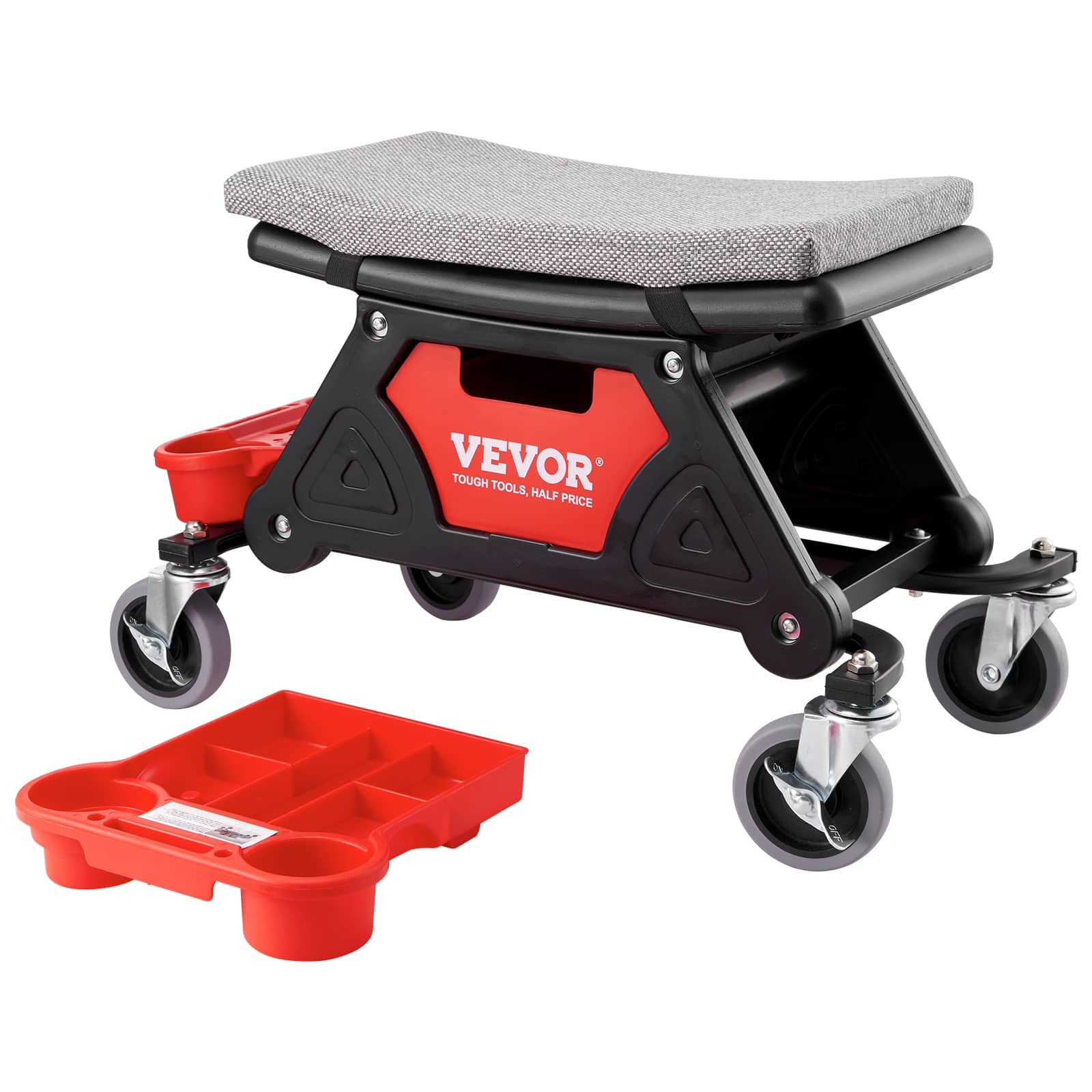 VEVOR - Mechanics Stool, 300 LBS Capacity Rolling Mechanic Seat with 4" Wheels, with Three Slide Out Tool Trays and Drawer - Red;Black