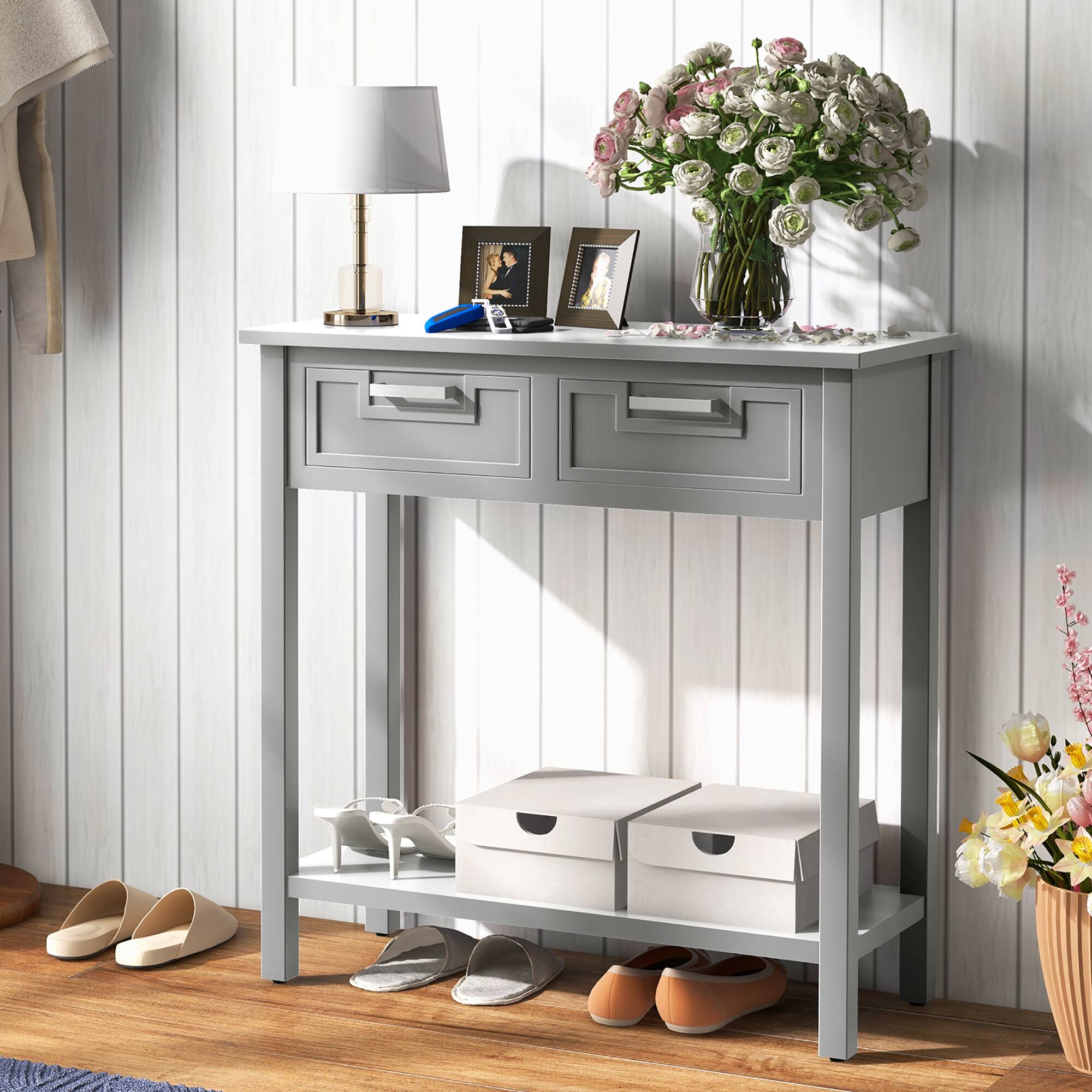 Alt View 1. Gymax - Gymax Narrow Console Table with Drawers Retro Accent Sofa Table w/ Open Storage Grey - Grey.
