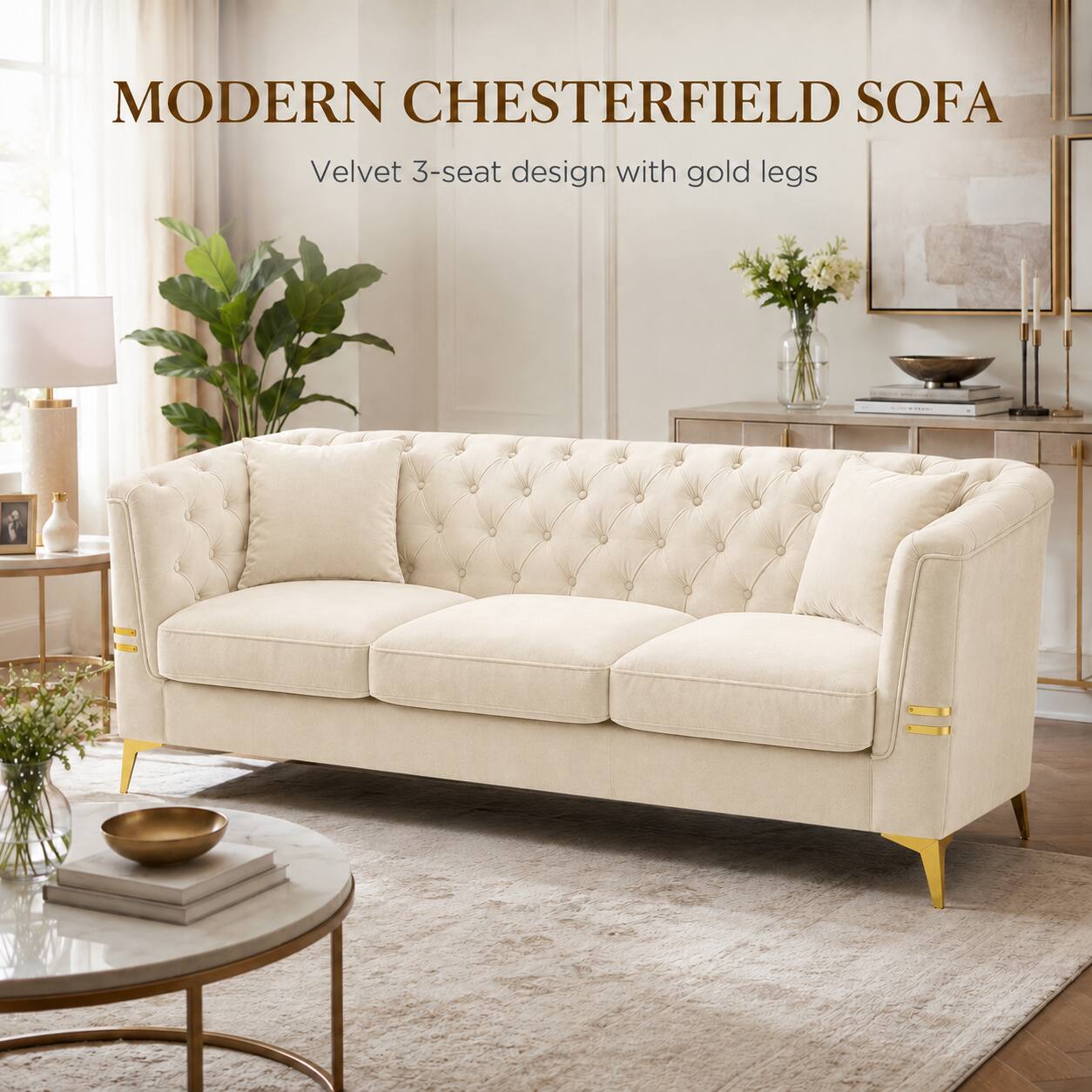 MODERN CHESTERFIELD SOFA  
Velvet 3-seat design with gold legs