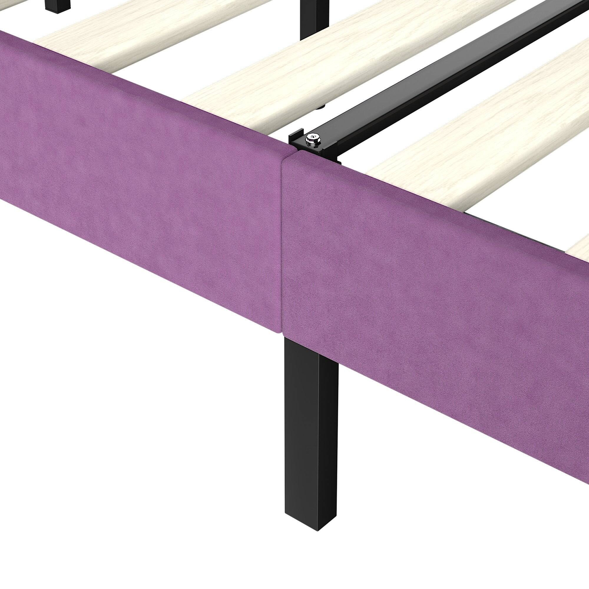 Left. Vecelo - Kids Princess Bed Frame with Crown Headboard, Upholstered Velvet Twin Bed for Girls - Purple.
