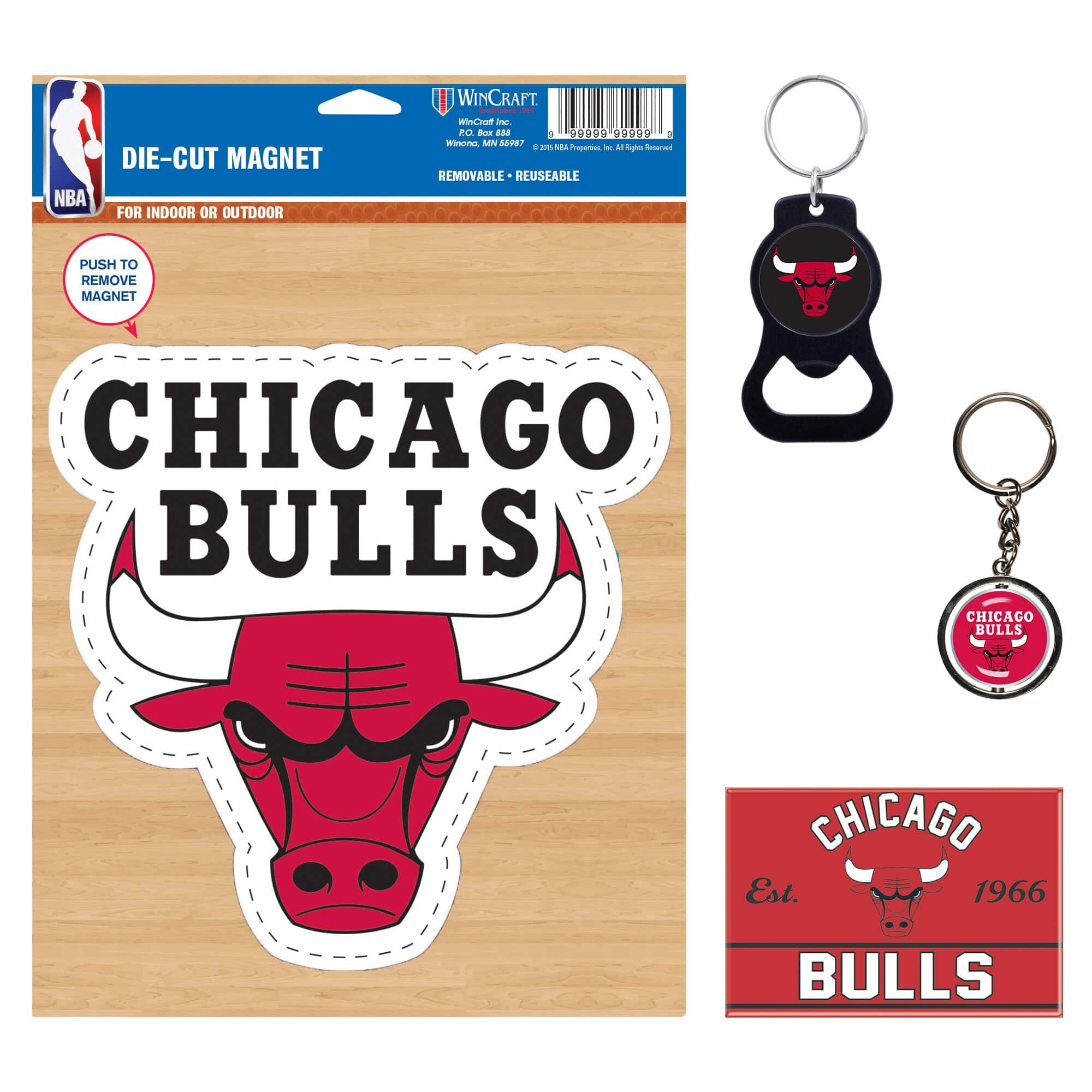 DIE-CUT MAGNET  
FOR INDOOR OR OUTDOOR  
NBA  
WINCRAFT  
PUSH TO REMOVE MAGNET  
CHICAGO BULLS  
Est. 1966  

REMOVABLE - REUSABLE  
PUSH TO REMOVE MAGNET  

CHICAGO BULLS  
Est. 1966