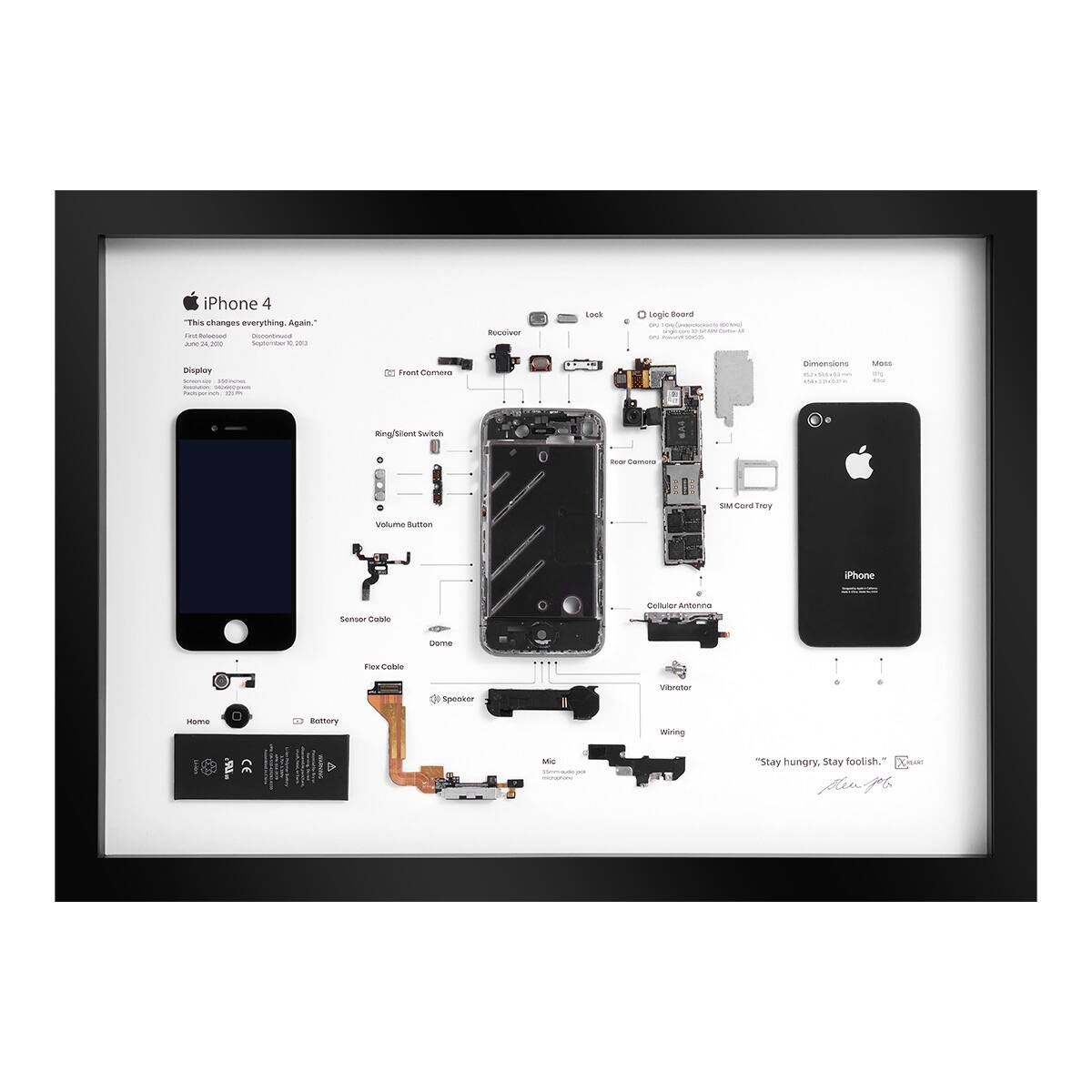 iPhone 4  
"This changes everything. Again."  
June 7, 2010  
Superseded by iPhone 4S, October 14, 2011  

Display  
Retina Display  
3.5" diagonal  
960 x 640 pixels  
16:9 aspect ratio  
326 ppi  

Front Camera  
Rear Camera  
Receiver  
Logic Board  
SIM Card Tray  
Vibrator  
Wiring  
Cellular Antenna  
Dimensions  
4.5" x 2.31" x 0.37"  
115.4 mm x 58.6 mm x 9.3 mm  
Weight  
4.87 oz / 138 g  

"Stay hungry, Stay foolish."  
Steve Jobs  

iPhone 4  
This changes everything. Again.  
June 7, 2010  
Superseded by iPhone 4S, October 14, 2011  

Display  
Retina Display  
3.5" diagonal  
960 x 640 pixels  
16:9 aspect ratio  
326 ppi  

Front Camera  
Rear Camera  
Receiver  
Logic Board  
SIM Card Tray  
Vibrator  
Wiring  
Cellular Antenna  
Dimensions  
4.5" x 2.31" x 0.37"  
115.4 mm x 58.6 mm x 9.3 mm  
Weight  
4.87 oz / 138 g  

"Stay hungry, Stay foolish."  
Steve Jobs