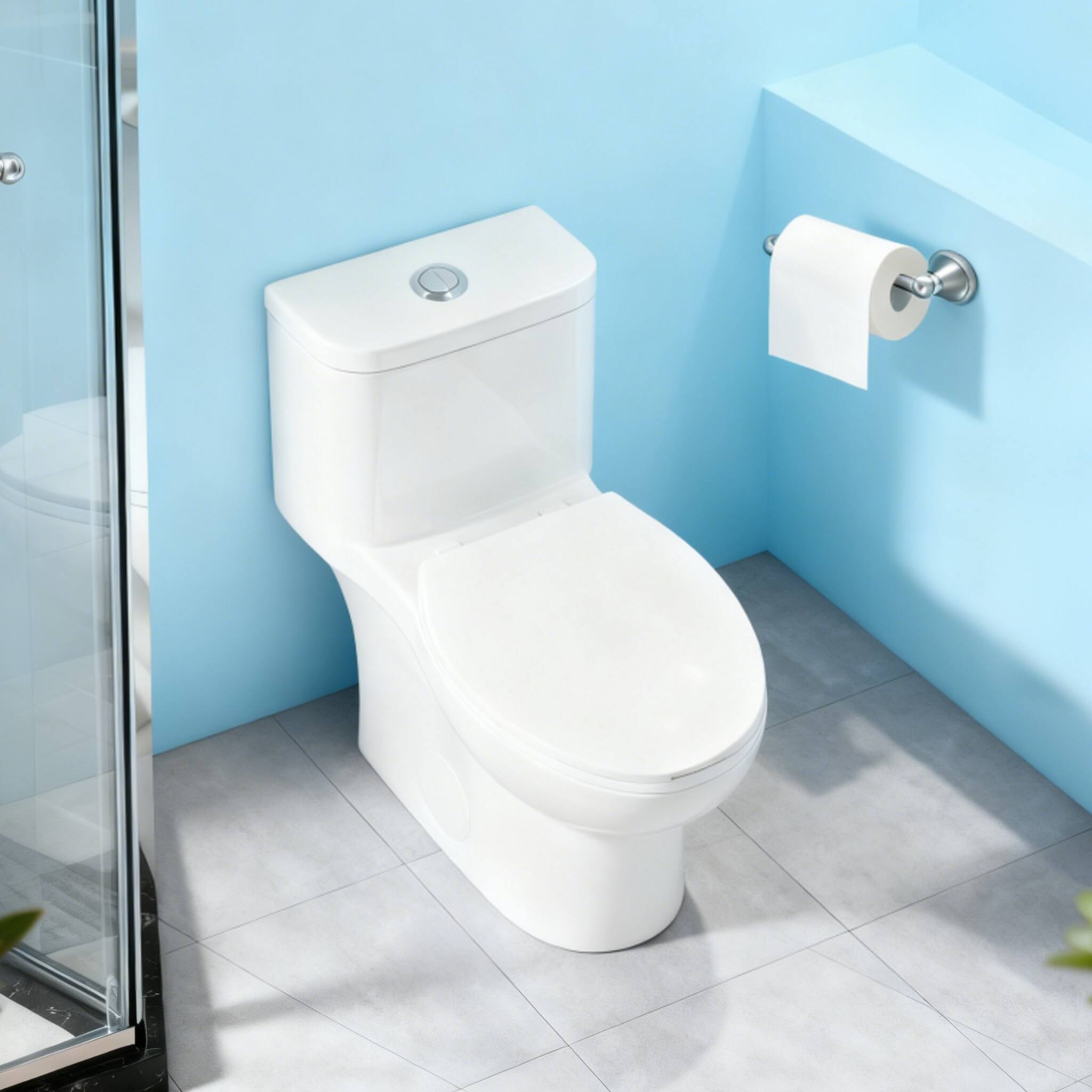Back. TinyHomie - White Ceramic One Piece Toilet Elongated Bowl with Soft Close Seat and Quick Release Design 25I807G - White.