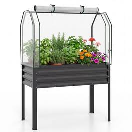 Costway - 1 PCS Galvanized Raised Garden Bed with Legs Greenhouse Cover Roll-up Door for Vegetable - Black