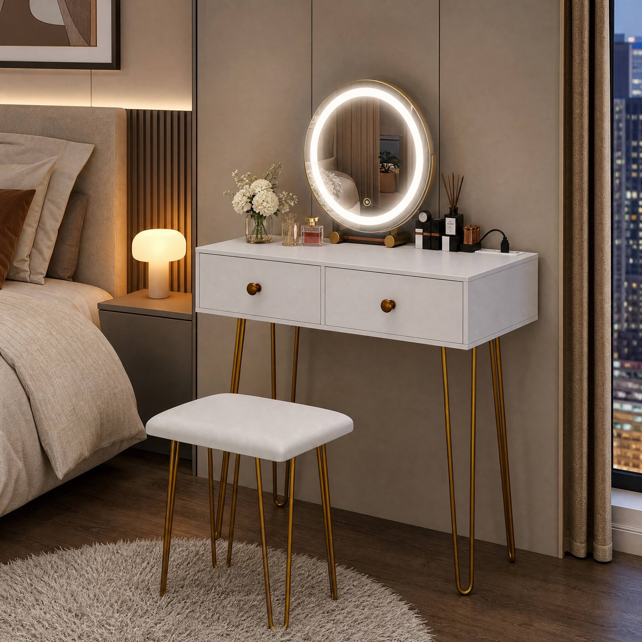 Angle. WELLFOR - Makeup Vanity Desk with LED Lighted Mirror & Charging Station,Vanity Table Set with Stool,Vanity Mirror with Desk - White.