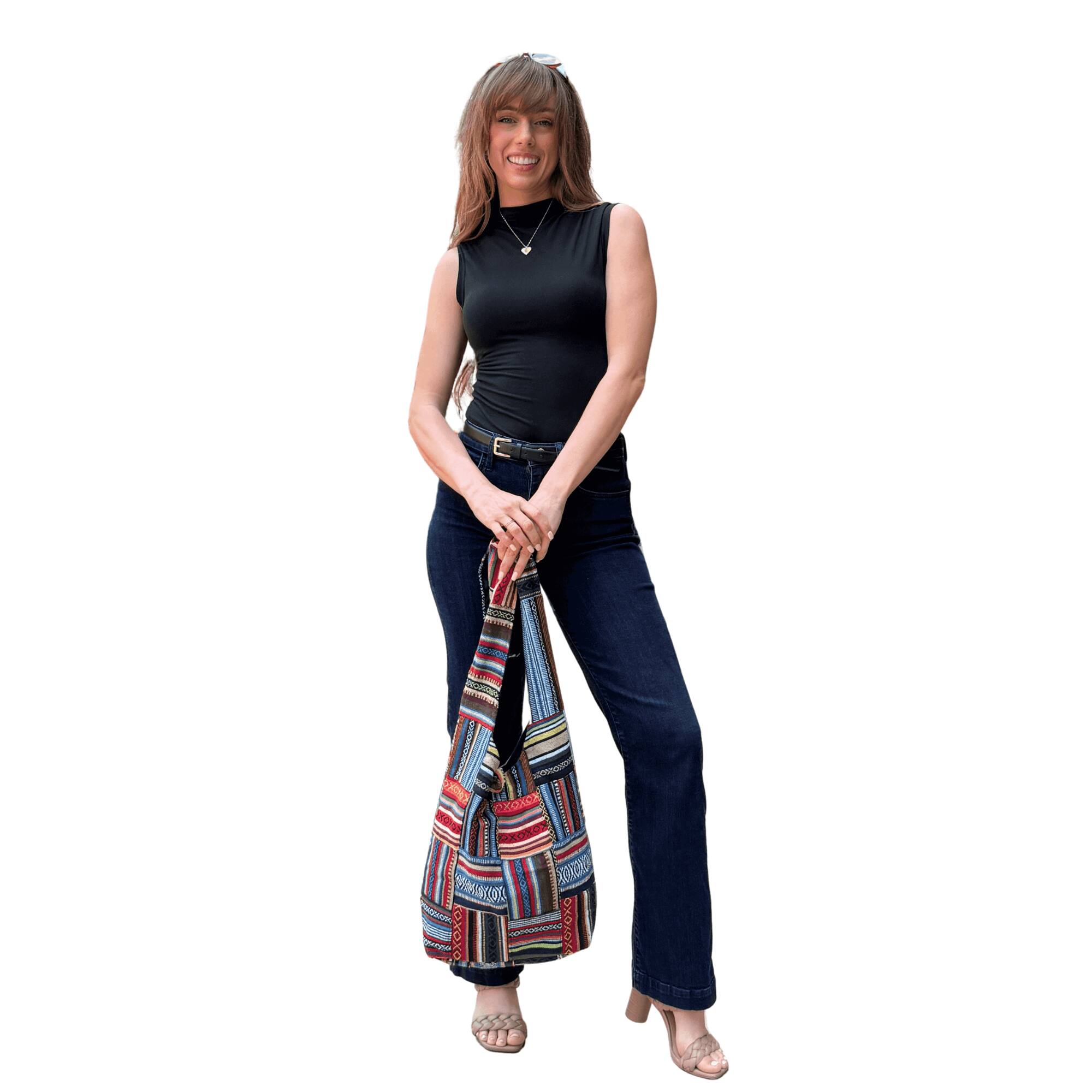 Alt View 1. Kathmandu Collection - Patchwork Striped Hobo Bag - Patchwork Striped.