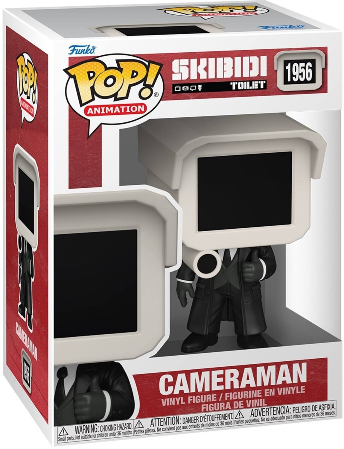 Sure, here is the corrected and grouped text from the image:

---

**Top Left:**
- Funko
- POP! ANIMATION

**Top Center:**
- SKIBIDI
- 1956
- TOILET

**Center:**
- CAMERAMAN

**Bottom:**
- VINYL FIGURE / FIGURINE EN VINYLE / FIGURA DE VINIL

**Warnings:**
- WARNING: CHOKING HAZARD. Small parts. Not suitable for children under 36 months.
- ATTENTION: DANGER D'ÉTOUFFEMENT. Petite pièce. Ne convient pas aux enfants de moins de 36 mois.
- ADVERTENCIA: PELIGRO DE ASFIXIA. Piezas pequeñas. No es adecuado para niños menores de 36 meses.

**Bottom Left:**
- CAMERAMAN

**Bottom Right:**
- Funko

---