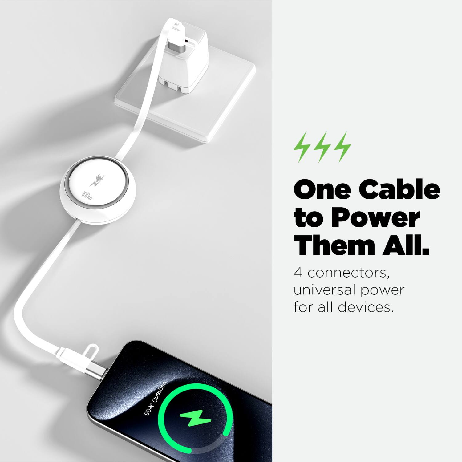 One Cable to Power Them All.  
4 connectors, universal power for all devices.  
Charged 80%