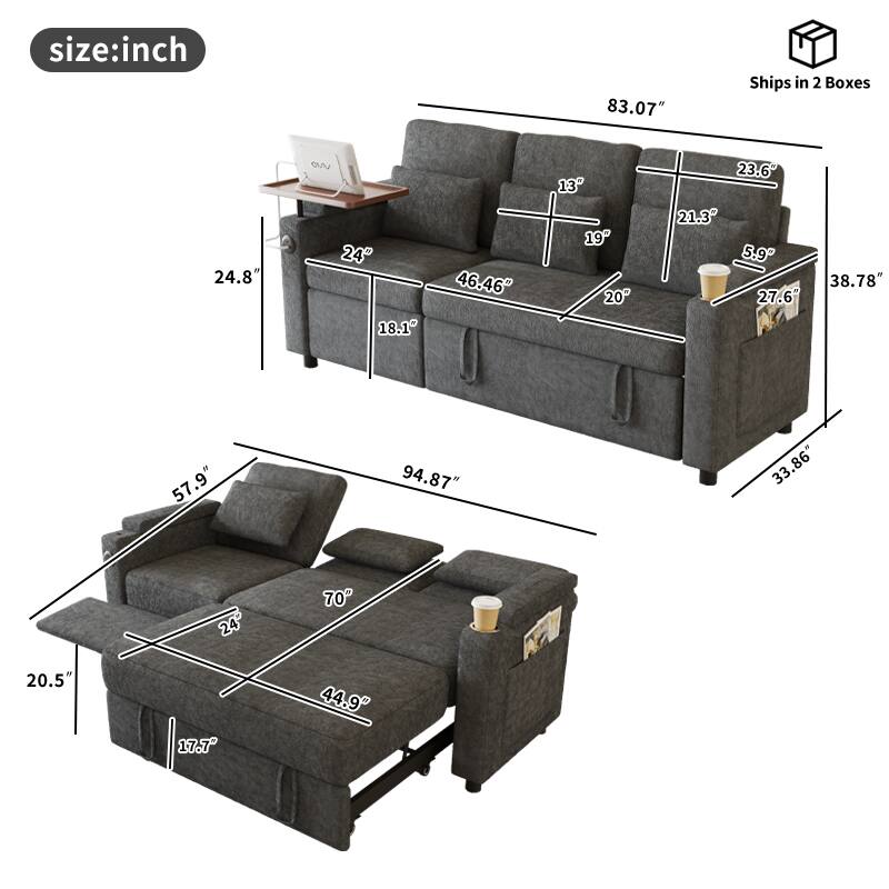 size: inch  
83.07"  
Ships in 2 Boxes  
24.8"  
24"  
18.1"  
46.46"  
13"  
19"  
20"  
23.6"  
21.3"  
5.9"  
27.6"  
38.78"  
57.9"  
94.87"  
33.86"  
24"  
70"  
20.5"  
17.7"  
44.9"
