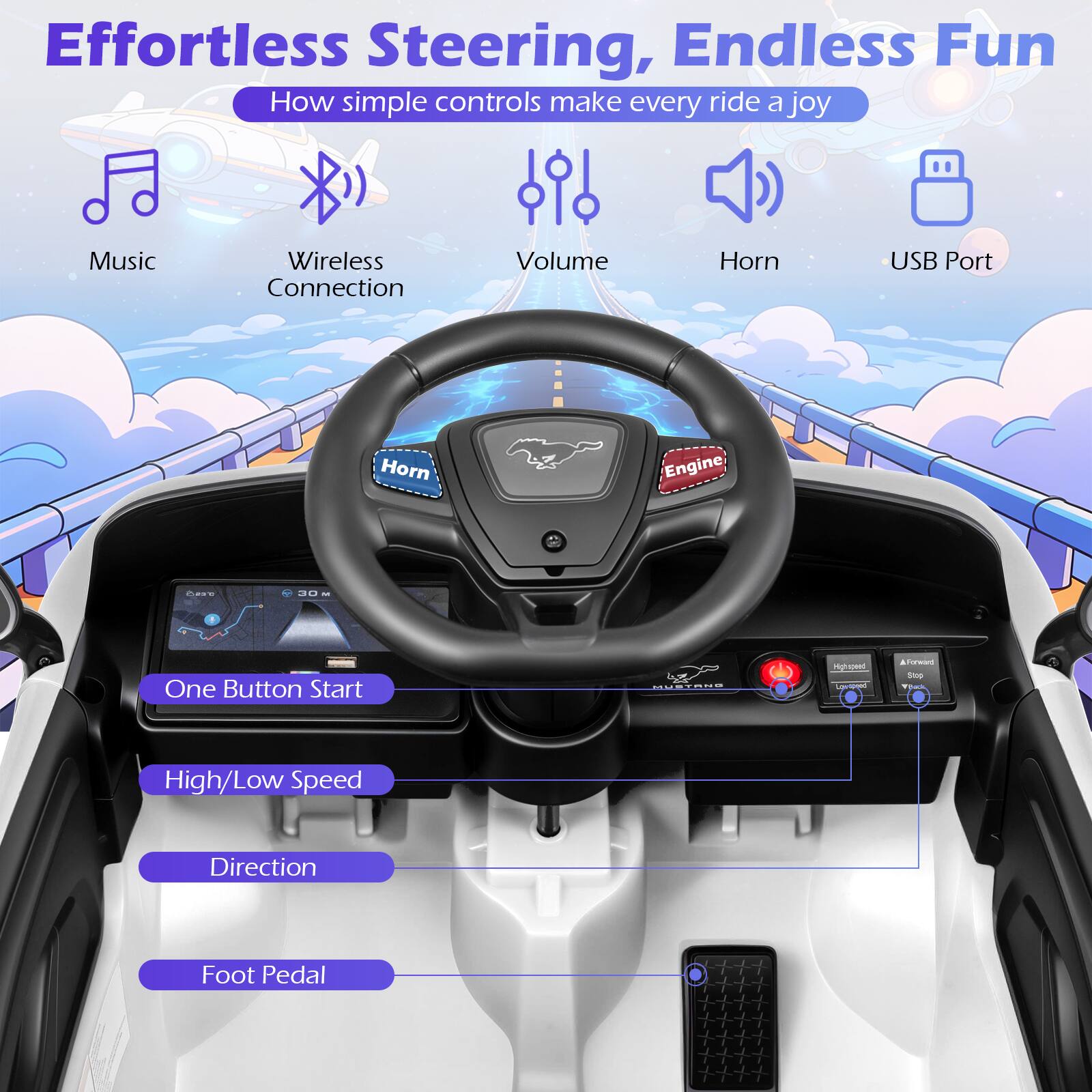 Effortless Steering, Endless Fun  
How simple controls make every ride a joy  

- Music  
- Wireless Connection  
- Volume  
- Horn  
- USB Port  

- One Button Start  
- High/Low Speed  
- Direction  
- Foot Pedal