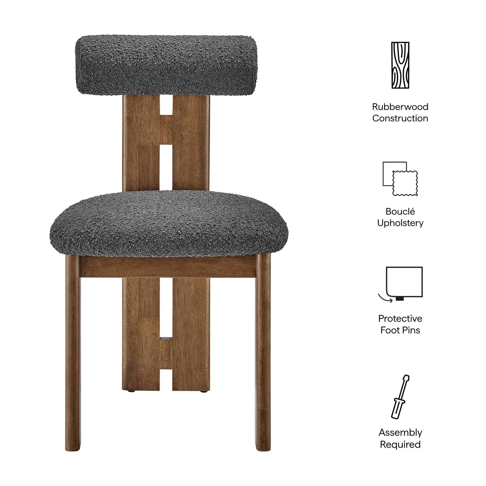 - Rubberwood Construction
- Bouclé Upholstery
- Protective Foot Pins
- Assembly Required