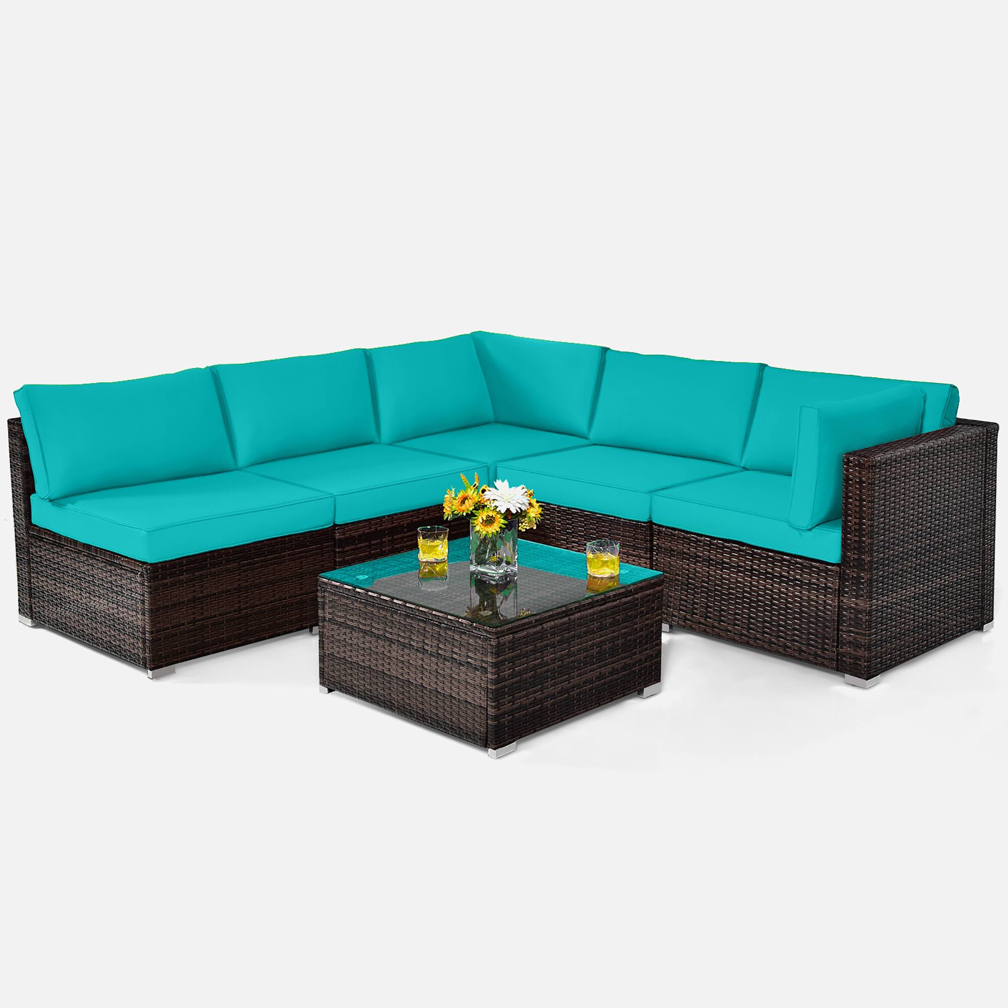 Front. Costway - 6PCS Patio Rattan Furniture Set Cushioned Sofa Coffee Table - Turquoise.