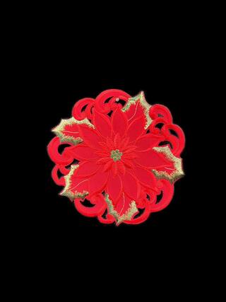 Front. Jiallo - Poinsettia and Green Leaf Embroidered Cutwork Round Placemat, 8-Inch diameter Table Linen - Red.
