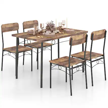 Front. Costway - Costway 5 PCS Industrial Kitchen Dining Room Furniture with Wood Rectangular Table 4 Chairs - Brown.