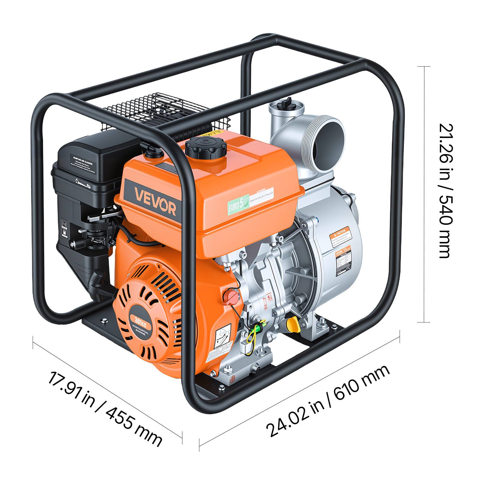 - d VEVOR EUROS AIATVR Pt 21.26 in / 540 mm 301cc 3 / DM 1 17.91 in / 455 mm d 610mm mm / 610 in 24.02