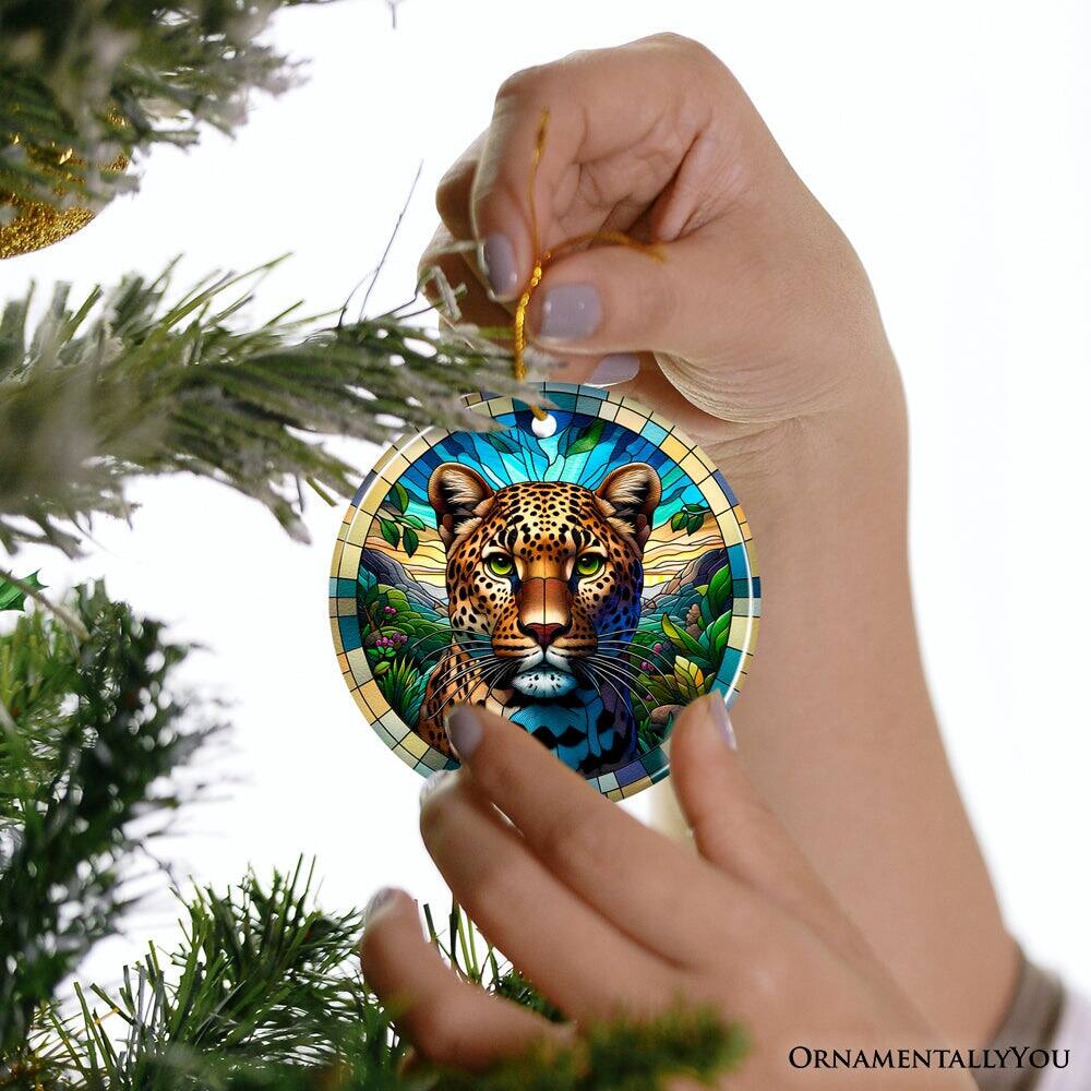 Alt View 1. OrnamentallyYou - African Leopard Expedition Stained Glass Ceramic Ornament Safari Animals Christmas Gift Version 1 - Multi-colored.