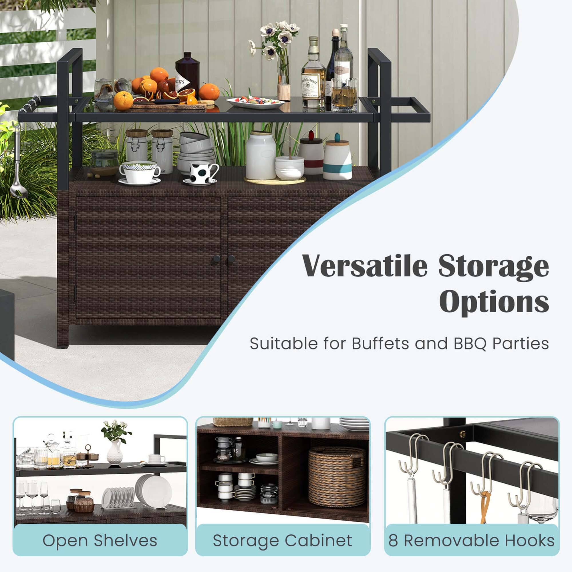 Versatile Storage Options  
Suitable for Buffets and BBQ Parties  

- Open Shelves  
- Storage Cabinet  
- 8 Removable Hooks