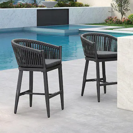 Front. PURPLE LEAF - Outdoor Counter/Bar Height Stools Set of 2 Rattan Wicker Bar Chairs Woven Aluminum Barstools with Back and Cushions - Grey-Counter Stool.